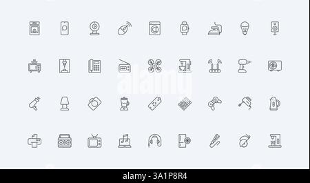 Elektronische Geräte für Lebenskomfort und Reinigung, Spiele, Kochen in der Küche dünne schwarze Umrisssymbole Vektor-Illustration. Geräte und elektrische Haushaltsgeräte für Haushaltslinien-Symbolsatz Stock Vektor
