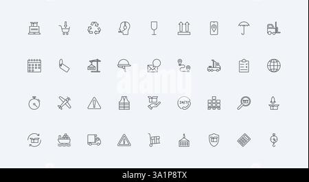 Globaler Versand durch Schiff und LKW, Lufttransport, Gabelstapler und zerbrechliche Fracht dünne schwarze Umrisssymbolvektorillustration. Logistik, Frachtzustellungsmanagement, Symbolgruppe für Lagerpositionen Stock Vektor