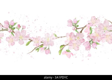 Zarte Blüten an den Frühlingszweigen, helle Blütenblätter und gelbe Staubblätter. Nahtloses Burdur. Digitale Illustration mit Aquarell. Rosa Knospen auf Sakura, blühen Stockfoto
