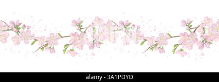 Zarte Blüten an den Frühlingszweigen, helle Blütenblätter und gelbe Staubblätter. Nahtloses Burdur. Digitale Illustration mit Aquarell. Rosa Knospen auf Sakura, blühen Stockfoto