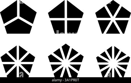 Pentagon-Formen, getrennt in Segmente von 3 bis 12, isoliert auf weißem Hintergrund. Geometrische Form mit 5 Rändern, die in gleichen Schichten geschnitten werden. Diagramm- oder Kreisdiagrammvorlagen. Vektorgrafik. Stock Vektor