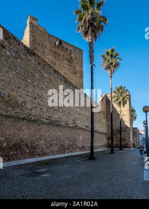 Mittelalterliche Türme, Mauern, Donjon in Olivenza Spanien mit Palmen vor blauem Himmel Hintergrund Stockfoto