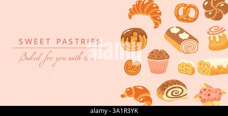 Gebäck, süße Brötchen, Karikaturhintergrund. Poster mit verschiedenen Gebäck Brötchen Muffin Cupcake, französischem Croissant, rundem Croissant Bagel, Pie Roll. Weizen Gebäck Bäckerei strukturierte Vorlage Vektor Illustration Stock Vektor