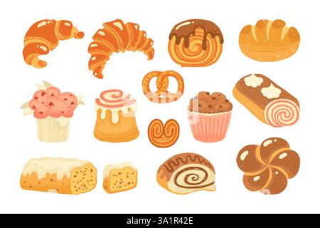 Gebäck süße Brötchen Cartoon handgezeichnetes Set. Verschiedene Gebäckbrötchen Muffin Cupcake, französisches Croissant und runder Croissant Bagel, Kuchen, Zimtbrötchen. Menü Bäckerei Weizen Gebäck strukturierte Kunst Vektor Illustration Stock Vektor