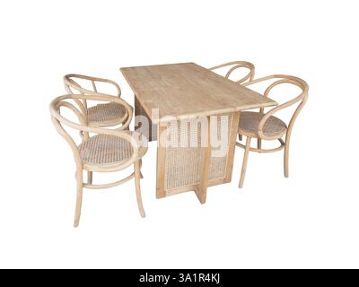 Teakholztisch und Stühle auf weißem Hintergrund. Stockfoto