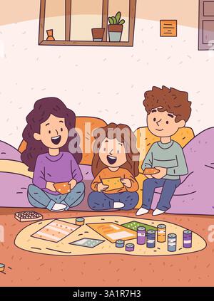 Familienspiel Nacht gemütliches Wohnzimmer verspielte Szene mit drei Personen genießen Brettspiele buntes Dekor warme Atmosphäre Heim Freizeitaktivität Stock Vektor