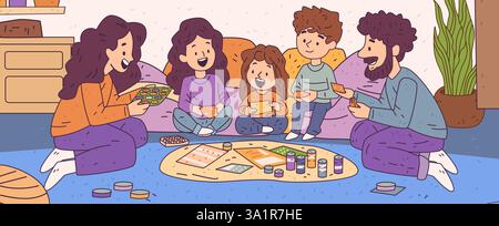 Familienbrettspiel Nacht gemütliches Wohnzimmer bunte Szene mit fünf Personen auf dem Boden spielen und lachen umgeben von Kissen Pflanzen und Stock Vektor