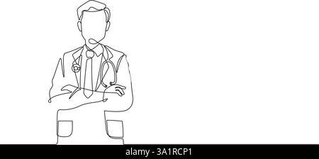 Arzt mit Kleid, Stethoskoparme überkreuzt eine Linie, die fortlaufende handgezeichnete minimalistische Kunst zeigt Stock Vektor