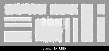 Set aus gezacktem Rechteck. Zerrissenes Papierblatt für Aufkleber oder Collagen. Zig-Zack-Elemente der welligen Kante, die auf grauem Hintergrund isoliert sind. Vektorabbildung in Stock Vektor