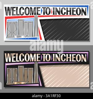 Vektor-Layouts für Incheon mit Kopierraum, dekoratives Ticket mit Linie Illustration der incheon City Landschaft auf Tag und Nacht Himmel Hintergrund, Art de Stock Vektor
