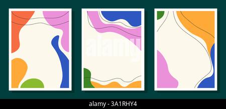 Set aus drei Rahmen mit abstraktem Design in trendigen hellen Farben und Platz für Text in der Mitte. Vektorrahmen auf dunkelgrünem Hintergrund. Vorlagen Stock Vektor