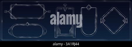 Großartiger Gatsby-Rahmen im Art-Deco-Stil mit silbernen Umrissen. Elegante geometrische Ränder unterschiedlicher Zierformen. Luxuriöse Vintage-Metallic-Elemente für Hochzeitseinladungen oder hochwertige Verpackungen. Stock Vektor