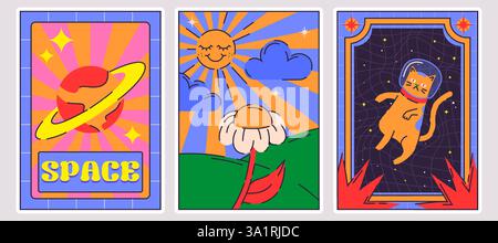 Grooviges Poster mit leuchtenden Farben und Retro-Ästhetik. Psychedelischer Saturnplanet mit Ringen, Gänseblümchenblume auf Hügeln unter traumhafter Sonne und orangener Astronautenkatze, die im äußeren Kosmos schwimmt. Stock Vektor