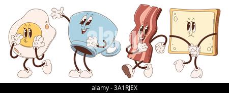 Retro-Frühstücksfiguren Set - Comic-Vektor-Illustrationen mit pfeifenden Spiegelei, lächelndem Speckstreifen, glücklicher blauer Tasse, freundlicher Toastscheibe mit Käse. Vintage-Maskottchen-Kollektion für skurrile Speisen. Stock Vektor