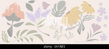 Trendige tropische botanische Doodle-Elemente - Blätter und Blumen in Pastellfarben. Skurrile, florale Naturzeichnung, skizzieren grüne Zweige und Stiele. Handgezeichnete Pflanzen und Kräuter Illustrationsdesign. Stock Vektor