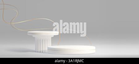 Goldene, feine Linien, Podeste aus weißem Marmor auf grauem Hintergrund - klassischer Säulenständer mit moderner kreisförmiger Plattform. Elegantes 3D-Display-Set mit dünnen Metallbändern. Präsentation von Premium-Produkten. Stock Vektor