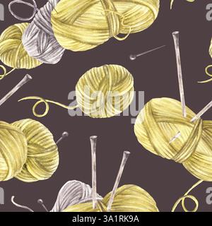 Garnstränge mit Stricknadeln, Fäden, Nadeln, nahtlosem Muster. Graue und grüne Hobbygarnbällchen. Aquarell handgezeichnete Illustration für Stockfoto