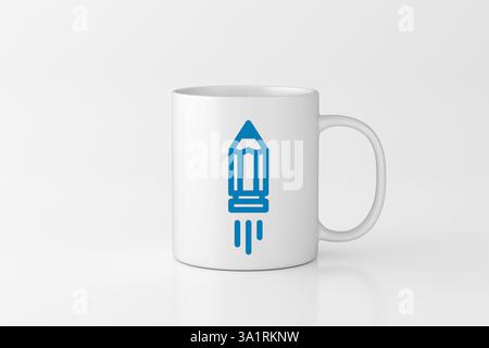 Weißer Becher mit blauem Bleistift, der wie eine Rakete abhebt, symbolisiert kreative Inspiration und innovative Ideen. 3D-Rendering. Stockfoto