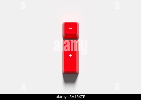 Negativ oder positiv, Addieren oder Subtrahieren, vor- oder Nachteile Konzepte. Zwei rote Tastaturtasten mit Plus- und Minuszeichen liegen auf einem weißen B Stockfoto