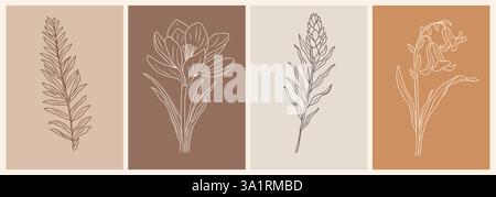 Wild Flowers Line Art Zeichnen Druckset. Stock Vektor