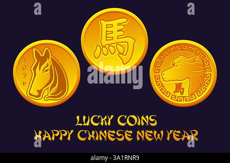 Glücksmünzen mit Pferdecharakter, glückliches chinesisches Neujahr. Zodiac Symbol 2026 Neujahr. Stock Vektor