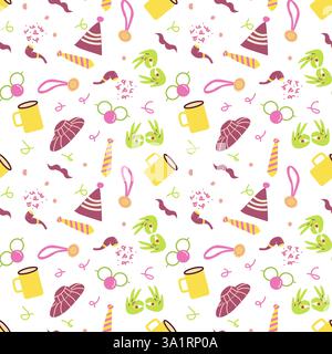 Festliches Muster mit Partyhüten, Tassen, Krawatten und Blumen auf weißem Hintergrund. Stock Vektor