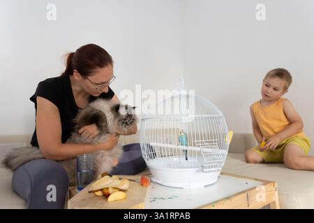 Mutter hält Katze und beobachtet Budgie, während der Sohn auf dem Sofa sitzt Stockfoto