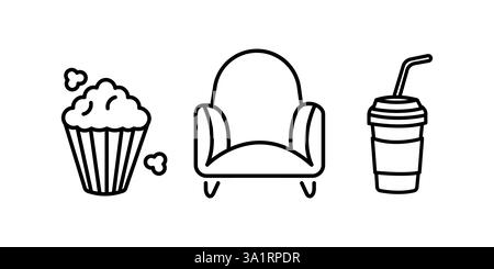 Set Icons Kino-Auditorium mit Sitzen, Kinosaal, Popcorn und Pappbecher isoliert weißen Hintergrund. Stock Vektor