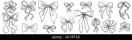 Niedliche Coquette Bow Knoten isoliert auf weiß. Handgezeichnete Girly Bögen Briefschreiben Schreibwaren. Trendige feminine romantische Ikonen für Hochzeitsfeier, Feiertag, Party Dekoration, Geschenk, Geschenk Konzept. Stock Vektor