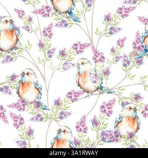 Vögel und Fliederzweige. Zweige von syringa-Blüten. Nahtloses Federmuster. Handgezeichnete Aquarellillustration isoliert. Kleiner singvogel mit Blau Stockfoto