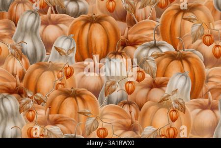 Herbstlich gepflasterte Muster von orangefarbenen und grauen Kürbissen mit Pisaliszweigen als Symbole der Herbsternte, des Kürbisfestes. Aquarellabbildungen sind Stockfoto