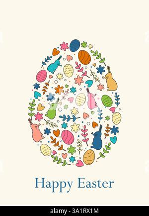 Vertikale Osterkarte, Banner mit Häschen, Blumen und Zweigen in einem Ei. Modernes minimalistisches Design. Frohe Ostern. Stock Vektor