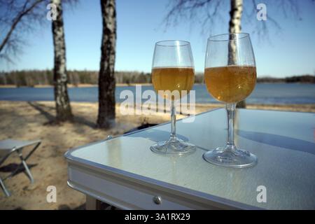 Camping zwei Plastikgläser mit prickelndem Getränk am Sandstrand auf Tisch zwischen Bäumen in der Nähe des Sees. Entspannend Stockfoto