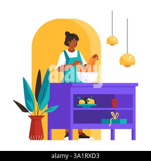 Frau, die Teig kntet – moderne Illustration im flachen Design Stock Vektor