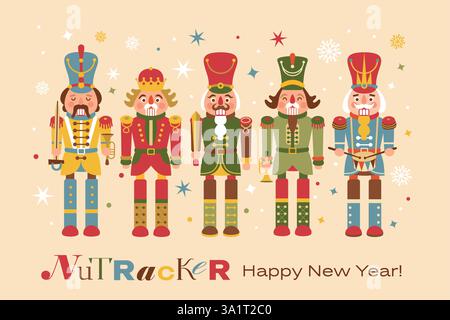 Weihnachts-Illustration-Karte mit Nussknacker auf einem Hintergrund Neujahrsillustration. Stock Vektor