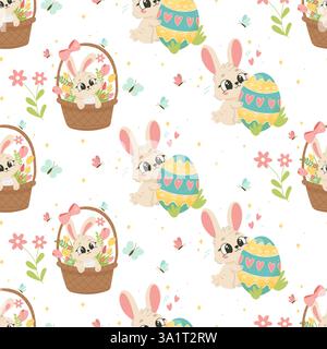 Osterhase und Korbmuster, Hand gezeichneter nahtloser Hintergrund für Frühlingsdesigns Stock Vektor
