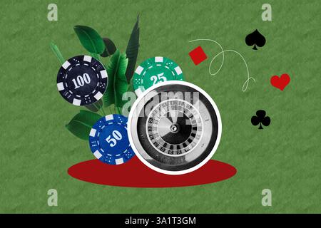 Trend Artwork Poster Composite Skizze Bild Collage von Casino Glücksspiel Zufallswette Poker Glücksspiel Wettbewerb Pflanze Blume Blätter Stockfoto