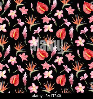 Strand fröhliche nahtlose Muster Tapete von tropischen Blumen Paradiesvogel (strelitzia), Plumeria, Anthurium, auf schwarzem Hintergrund. Material Stockfoto