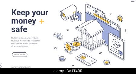 Die Vorlage für Webbanner veranschaulicht, wie wichtig es ist, Ihr Geld zu schützen. Es verfügt über isometrische Designs einer Bank, Sicherheitskameras und digitale geräte Stock Vektor