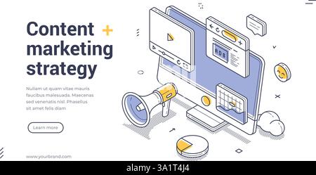 Das Webbanner zeigt ein innovatives isometrisches Design, das Elemente der Content-Marketing-Strategie darstellt. Moderne Vektorillustration Stock Vektor