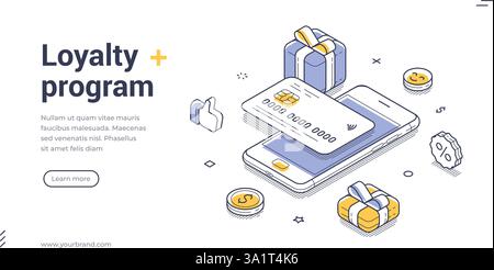 Webbanner-Vorlage zeigt ein isometrisches Design für ein Treueprogramm. Mit einem Mobiltelefon, Geschenkboxen und Münzen wird die Illustration hervorgehoben Stock Vektor