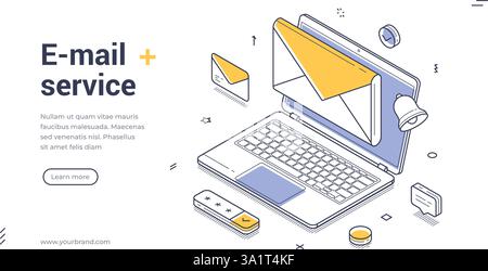 Die Vorlage für Webbanner zeigt ein isometrisches Design, das einen Laptop mit einem offenen E-Mail-Umschlag zeigt. Verschiedene Symbole für E-Mail-Dienste werden veranschaulicht Stock Vektor
