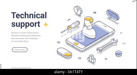 Die Webbanner-Vorlage zeigt eine isometrische Abbildung, die sich auf den technischen Support konzentriert. Im Mittelpunkt stehen verschiedene Tools rund um ein Smartphone, die besonders hervorgehoben werden Stock Vektor