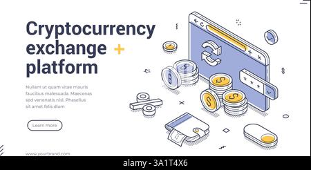 Die Webbanner-Vorlage zeigt eine Kryptowährungs-Exchange-Plattform mit einem klaren isometrischen Design. Es verfügt über Münzen, eine digitale Schnittstelle und klare Anrufe Stock Vektor