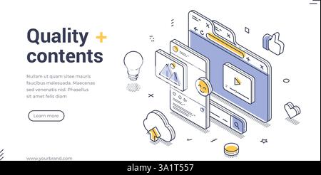 Die Vorlage für Webbanner zeigt verschiedene digitale Elemente wie Glühbirnen, Bilder und Videos und betont so die Erstellung hochwertiger Inhalte. Ideal für Web-DE Stock Vektor