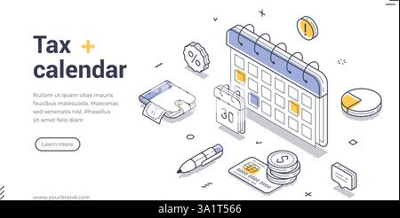 Entdecken Sie einen benutzerfreundlichen Steuerkalender, der für effektives Finanzmanagement entwickelt wurde. Webbanner zeigt wichtige Steuerdaten, Tools und Ressourcen für e Stock Vektor