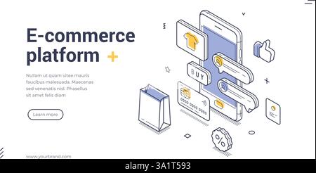 Die Vorlage für Webbanner verfügt über ein isometrisches Design, das sich ideal für E-Commerce-Plattformen eignet. Es enthält Elemente wie Einkaufstaschen, Produktsymbole und ein Telefon i Stock Vektor