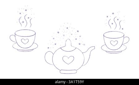 Skurrile Teekanne und Teetassen. Handgezeichnete Vektorillustration isoliert auf weißem Hintergrund Stock Vektor