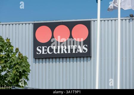 Securitas-Logo auf dem Gebäude. Securitas ist eine Gruppe von Sicherheitsdiensten, Überwachungs-, Beratungs- und Ermittlungsdiensten mit Sitz in Stockholm, Schweden. Stockfoto