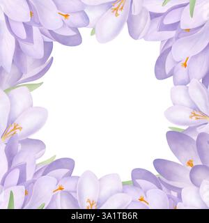 Violette Krokusse, quadratischer Rahmen. Aquarellhintergrund mit Blumendruck und Platz für Text. Frühlingsvorlage für Hochzeitseinladungen und Grußkarten. Stockfoto
